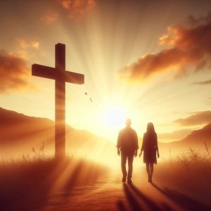 Two-people-walking-towards-a-cross-at-sunrise-symbolizing-growing-intimacy-with-God-through-faith.