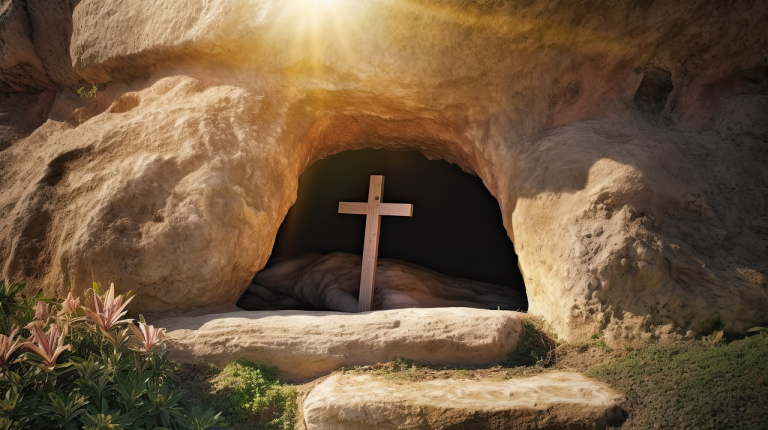 The empty tomb of Jesus with a cross - resurrection power!