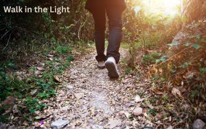 A person walking out of a dark forest into a bright, sunlit clearing, representing the journey to walk in the light.