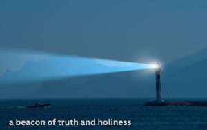 A strong lighthouse shining a bright beam of light across a dark and stormy ocean at night."