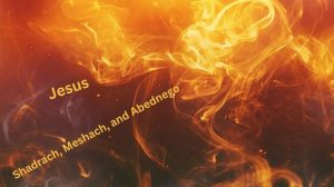 An abstract illustration of three figures standing peacefully and unharmed in the middle of bright orange and yellow flames.