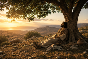 Person resting peacefully under a tree representing Elijah's restoration and God's care for the weary