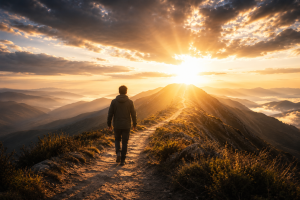 Believer walking toward light symbolising healing, victory, and triumph through Christ