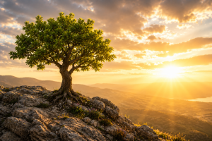 Tree flourishing in difficult conditions representing God's healing and abundant life