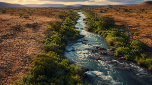 Be a River A powerful river flowing through dry land, bringing life wherever it passes, with no people in the frame. The contrast tells the story.
