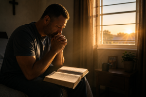 Prayer Begins With God's Character A man sitting alone before sunrise with an open Bible on his lap. His eyes are closed in sincere prayer. The room is simple and quiet. Light from the window falls across the pages of Scripture.