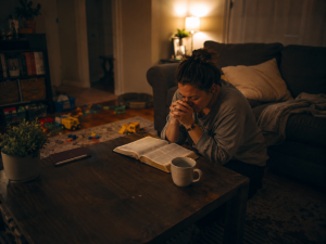 A woman praying in her lounge after everyone has gone to bed. Children's toys lie scattered on the floor, a Bible rests open beside her coffee cup. This feels authentic because many parents know exactly what that moment is like.
