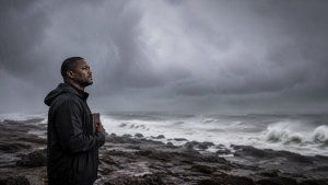 Unshakeable
A lone believer standing in heavy rain and strong wind on a coastline. Clothes and hair whipped by the wind, but their posture is calm and determined. No dramatic superhero look—just quiet confidence.