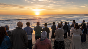The Great Catch A diverse group of ordinary Christians standing on a beach at sunrise, looking out over the ocean, symbolising the harvest of souls. Quiet, expectant, hopeful.