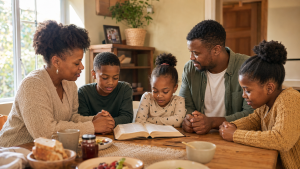 South African family praying together around an open Bible during family cel