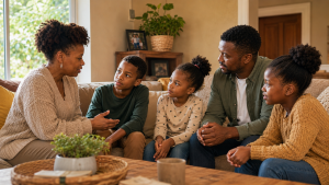 Family having an honest conversation in a peaceful Christian home
