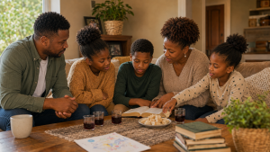 Parents and children sharing Scripture, prayer and communion during family cell