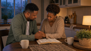 Christian couple praying together beside an open Bible before sunrise