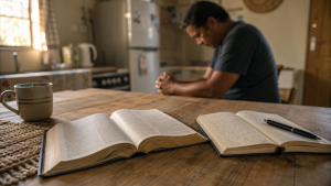 Open Bible and handwritten journal on a kitchen table as a man prays quietly in the background.