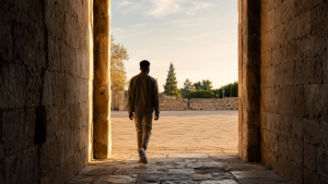 Young man stepping from a shadowed passage into a sunlit courtyard, reflecting Joseph’s journey towards God’s purpose.