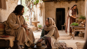 Mary sitting at Jesus’ feet while Martha serves in their biblical-era home