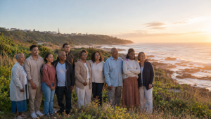 A diverse group of South African believers standing together on the coast at sunrise, expressing courage, unity and quiet resolve