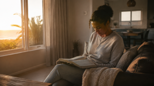 South African believer reading an open Bible quietly in the early-morning light