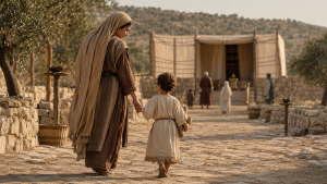 Hannah leading young Samuel to the sanctuary at Shiloh to dedicate him to God