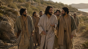 Jesus walking with His disciples as they learn to follow His example