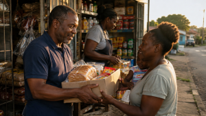 South African business owner sharing God’s blessing by giving groceries to a local mother 
