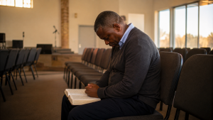 South African man praying with an open Bible in a quiet church 