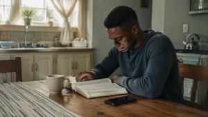 Young South African man guarding his heart by choosing the Bible over digital distractions 