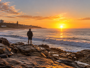 Person standing strong on a South African coastline at sunrise, reflecting the overcoming life through faith in God