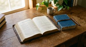 Open Bible opened to Philippians resting on a wooden table.