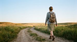 Person walking peacefully along an open pathway outdoors into a new week.