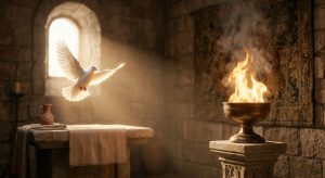 The Holy Spirit symbolised by peace like a dove and purification like fire