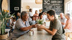 A diverse group of church members laughing and connecting over coffee in a bright, modern 3C South Coast church facility, highlighting faith-filled community.
