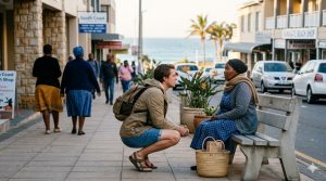 A young man kneels on a sunny Ramsgate sidewalk to connect with an elderly South African woman sitting on a bench, with the South Coast sea visible in the background.