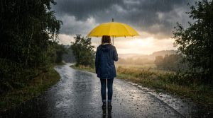 Person sheltering beneath an umbrella in the rain, illustrating God's protection in Psalm 91.
