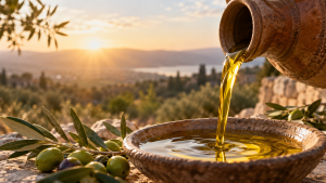 Olive oil symbolising the anointing and renewing of the Holy Spirit.